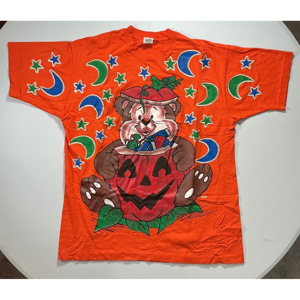 VTG USA Made Single Stich AOP Halloween 90s Orange Bear Pumpkin T Shirt XL